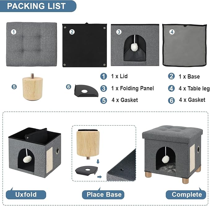 BRIAN & DANY Cat Beds for Indoor Cats,Cat Cave House for Kitten with Scratch Board & Ball, 14.7” x 12.7” x 14.1”, Gray