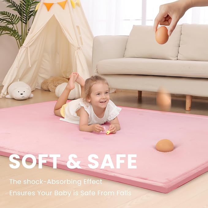 Large 79"x110" Baby Activity Play Mat for Floor,1.3" Thick Elasti Foam Cushion Mat for Tummy Time & Crawling,Non-Slip & Safe for Infants,Toddlers & Kids, for Living Room, Classroom & Playroom（Pink)