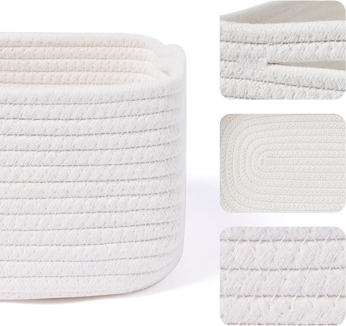 MiniArk Small Storage Baskets for Organizing | Closet Organizer Bins | Shelf Toy Basket | Woven Rope Baskets | Cube Decorative Box | Shallow Basket | 13x8.5x5.1” | 4 Packs Off White