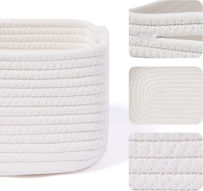 MiniArk Small Storage Baskets for Organizing | Closet Organizer Bins | Shelf Toy Basket | Woven Rope Baskets | Cube Decorative Box | Shallow Basket | 13x8.5x5.1” | 3 Packs Off White