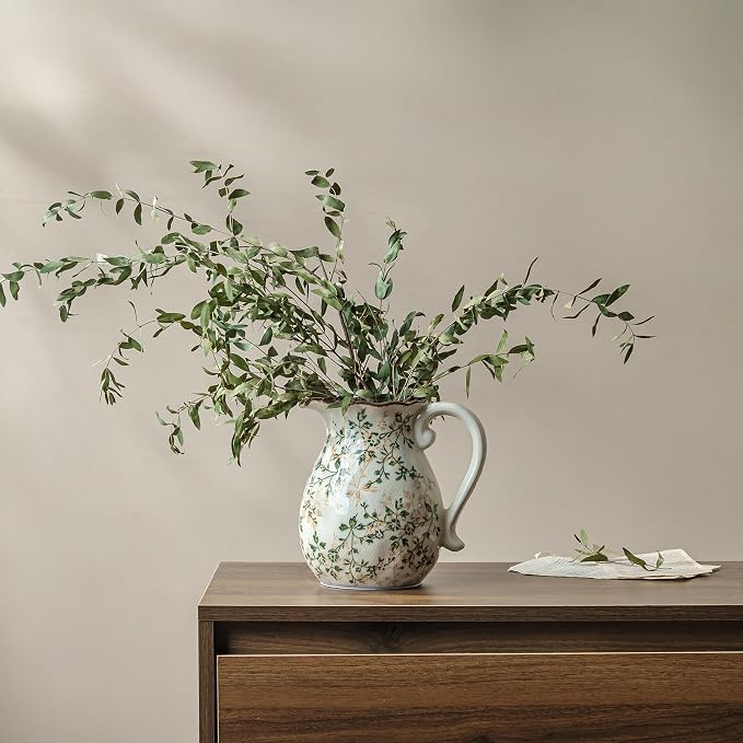 Ceramic Flower Vase for Home Decor, Vintage Green Pitcher Vase 8 Inch | Rustic Farmhouse Floral Vase for Kitchen, Coffee Table, Living Room, Mantel, Bookshelf, Entryway, Wedding Centerpiece
