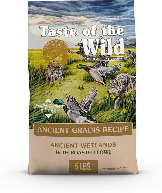 Taste of the Wild Ancient Wetlands Dry Dog Food, Roasted Fowl, 5lb | Puppy, Adult & Senior Dogs | High Protein | Real Duck & Ancient Grains | Nutrient Dense to Help Support Peak Health