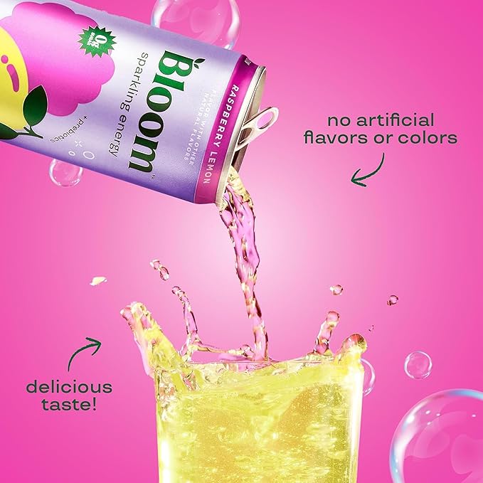 Bloom Nutrition Sparkling Energy Drink for Focus, Natural Caffeine, Zero Sugar, 180mg Caffeine, Antioxidant-Rich with Green Coffee Bean, Green Tea Extract, & Prebiotics, Raspberry Lemon 12oz 12 Pack