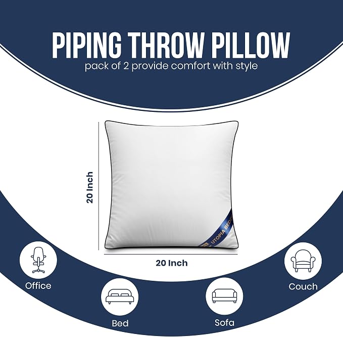 Utopia Bedding 20x20 Throw Pillow Inserts, Decorative Pillows, Pack of 2 | Piping Throw Pillows, Plush & Supportive, Aesthetic Cushion Sham Stuffer for Sofa, Office, Couch & Bed, Set of 2, White