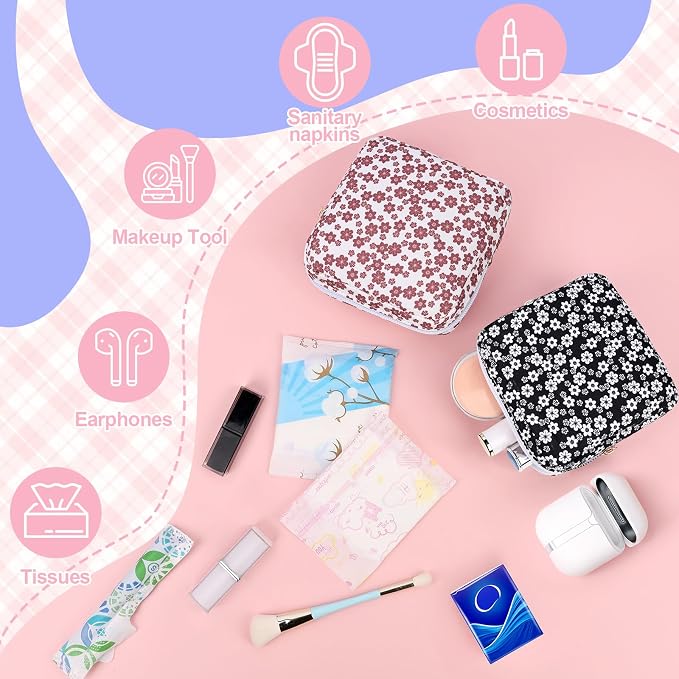 Floral Sanitary Pad Pouch Canvas Period Pad Bags for Women Pink | Discreet, Portable, Menstrual Cup and Sanitary Napkin Storage, First Period Kit Storage, Tampon Bag