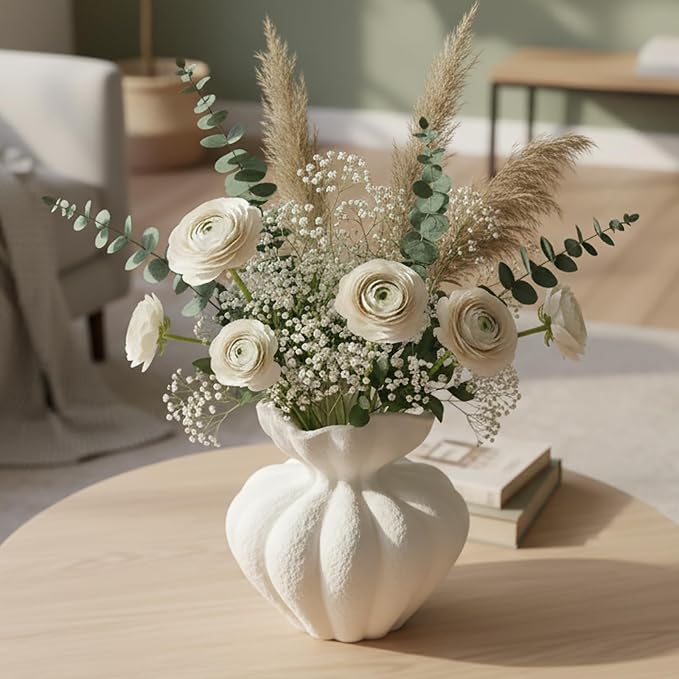 White Ceramic Vase, 6.8 Inch Modern Boho White Flower Vase for Home Decor, Unique Vase for Farmhouse Living Room Cabinet Table Centerpieces Wedding Decorations