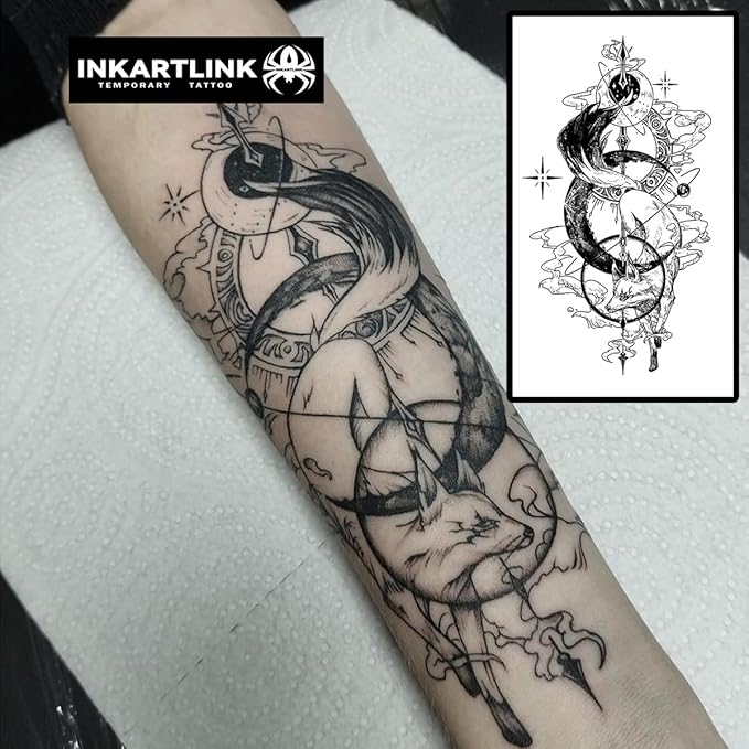 INKARTLINK Temporary Tattoos, Semi Permanent Tattoos, Cool Arm Tattoos, Waterproof and Non-reflective, Unique Design (Fox Fairy)