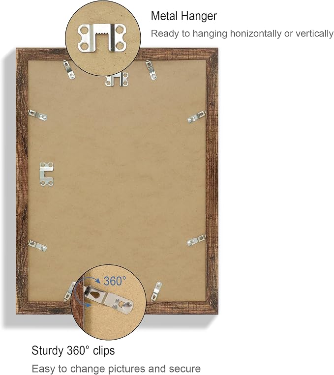 Hongkee 11x15 Picture Frame Set of 4, Made of Real Glass and Rustic Brown Frame - Display Picture 10x14 with Mat or 11x15 Without Mat, 11 by 15 Photo for Wall Mounting