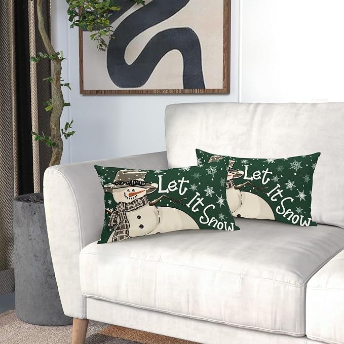 Christmas Green Lumbar Pillow Covers 12X20 Inch Set of 2 Xmas Snowman Snowflake Decorative Pillow Cases Winter Holiday Cotton Linen Cushion Case Modern Home Decor for Sofa Couch Bedroom