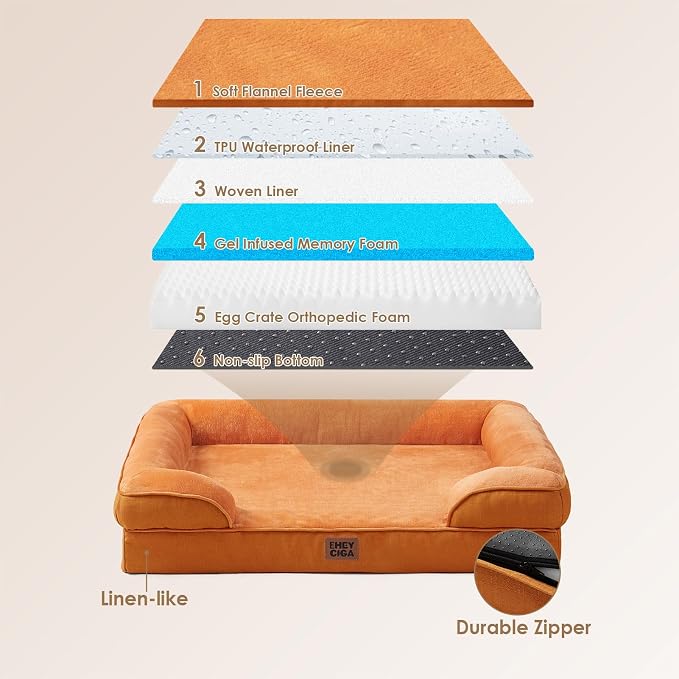 EHEYCIGA Orthopedic Small Dog Bed, Waterproof Memory Foam Washable Pet Beds | Non-Slip Bottom and Egg-Crate Foam Medium Pet Couch Bed with Washable Removable Cover,Pumpkin Orange