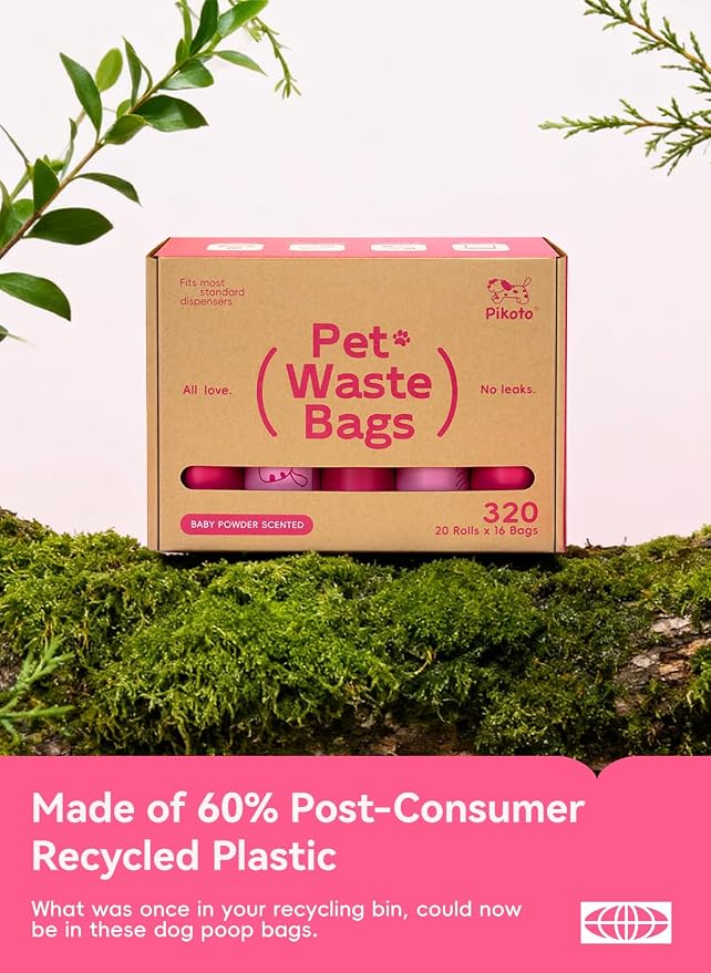 Dog Poop Bags Refill Rolls, 320 Bags, Pink | Baby Powder Scented, Extra Thick, 60% Recycled Plastic, Easy-Peel Sticker, 16 Bags Per Roll, Dual Pink Designs