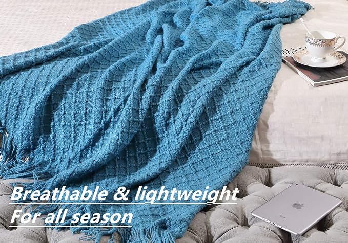 CREVENT Boho Crochet Throw Blanket for Couch Sofa Chair Bed Decoration, Gift Idea for Girlfriend Mom Birthday, Soft Warm Cozy Light Weight for Spring Summer (50''X60'' Turquoise/Dark Teal)