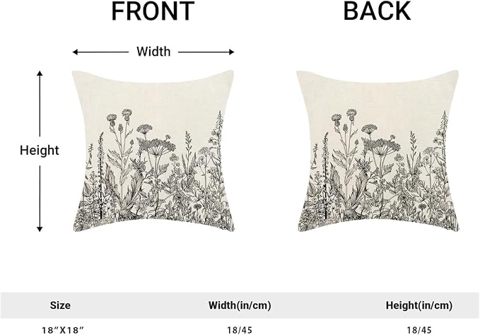 AEIOAE Black White Gray Pillow Covers 18x18 Inch Set of 2, Spring Wildflower Plant Throw Pillows Case,Seasonal Floral Outdoor Decorative Flowers Farmhouse Decor Cushion Covers for Home Sofa Bed Couch