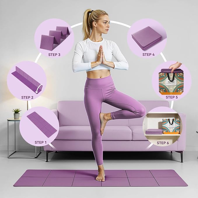 Foldable Yoga Mat Thick Non-Slip Exercise Mat - Packable Travel Fitness Mat with Carrying Bag for Yoga, Pilates, Workout, Home & Gym