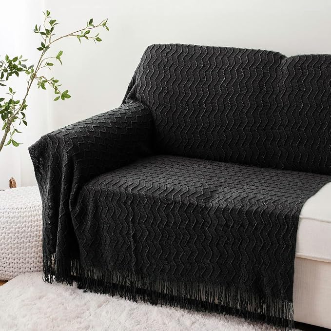 BATTILO HOME Black Throw Blanket for Couch, Boho Black Throws for Home Decor, Soft Throw Blankets for Bedroom Decor Housewarming Gifts, 50"x60"