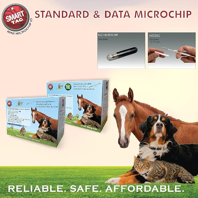 ISO Data Microchip with Lifetime Pet Recovery Service/24-7 US Call Center/Free Registration, Implanter & Metal ID Tag for Dogs, Cats, Horses & All Animals, 12 Gauge/25 Pack