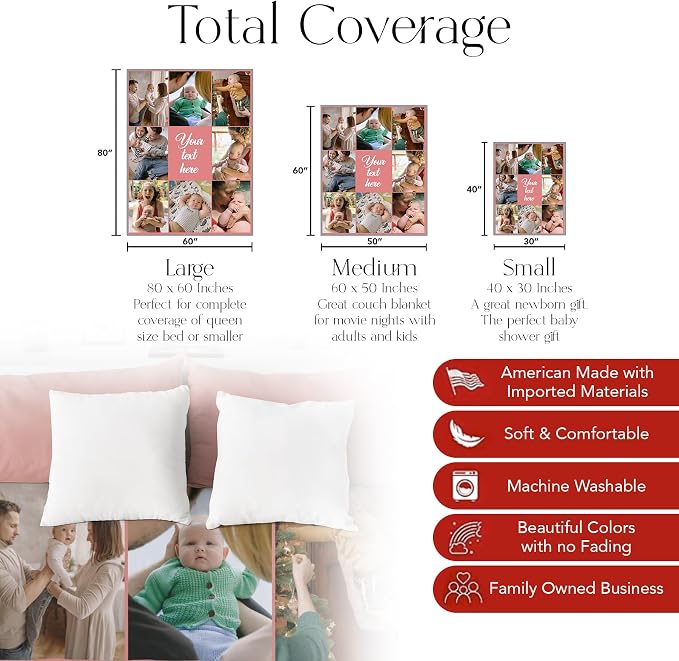 Personalized Photo & Text Blanket, Custom Picture Fleece Throw (8-Pic) | Printed in USA, ships next day, add 1-9 photos & custom text, fleece or sherpa, family keepsake gift, cozy home decor