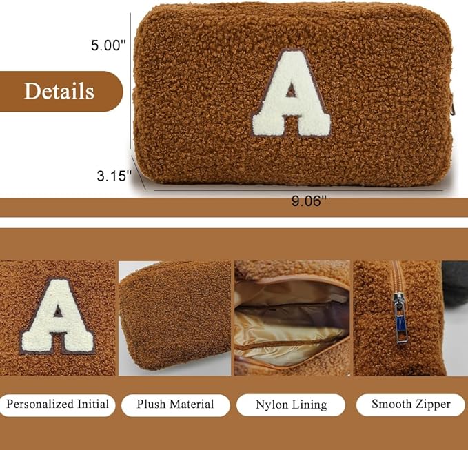 Cute Makeup Bag, Initial Cosmetic Bag, Fuzzy Makeup Bags for Women, Brown Makeup Pouch with Chenille Letter, Monogrammed Gifts for Women, Brown D
