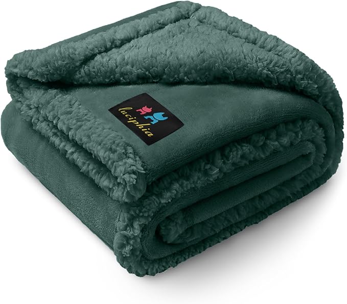 Luciphia Waterproof Blanket for Large Dog, Reversible Sherpa Couch Cover | waterproof pet blanket sherpa fleece reversible couch cover bed protector car from spills scratches, Dark Green 57" x 40"