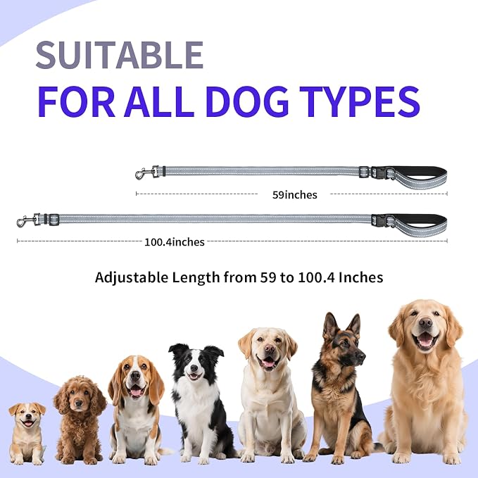 Kazazoo Hands-Free Dog Leash Adjustable Length 5-8 Ft, Waist for Dog Walking, Running for Small &Medium Dogs with Reflective Strips, Ballistic Nylon, Waist Belt, Grey