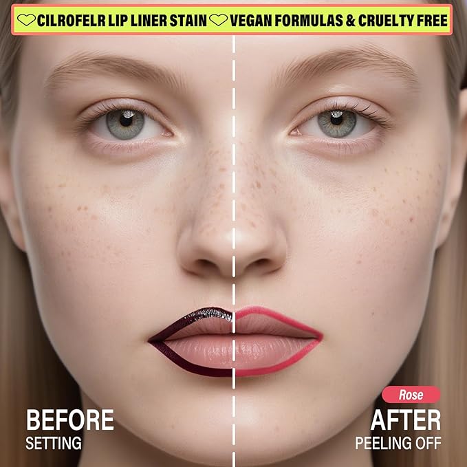 Cilrofelr 2 Colors Lip Liner Stain Peel Off Set with Tweezers - Long Wearing, Transfer Proof, Matte Finish, Quick Plump Lip Effect, Peel Off Lip Stain for All Skin Tones (Rose + Cocoa)