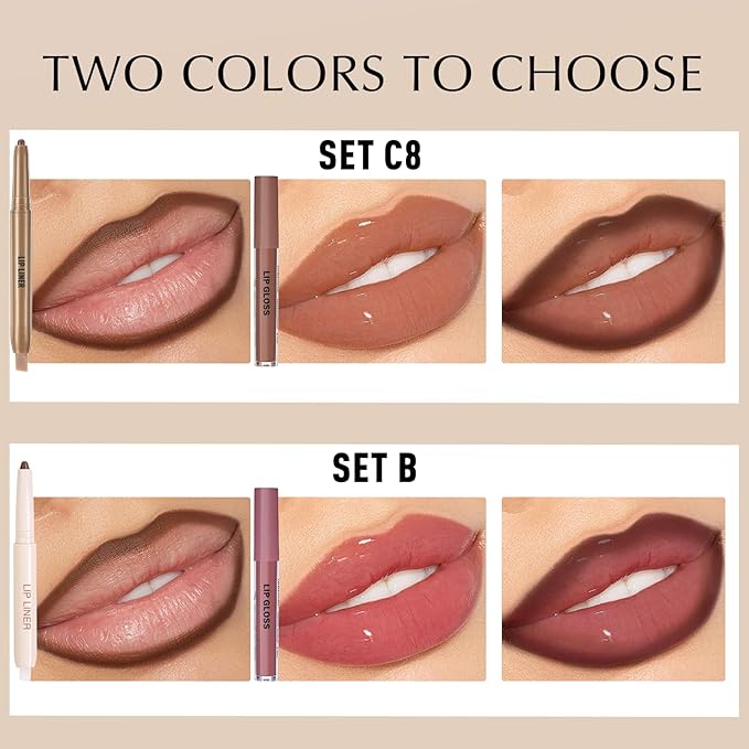 Brown Lip Liner Lip Gloss Set, Matte Plumping Lip Liner Pencil with Smudger Brush for Blending, Moisturizing Lightweight Non-Sticky Lip Gloss for Women High Shine Lip Kit Makeup, Set B