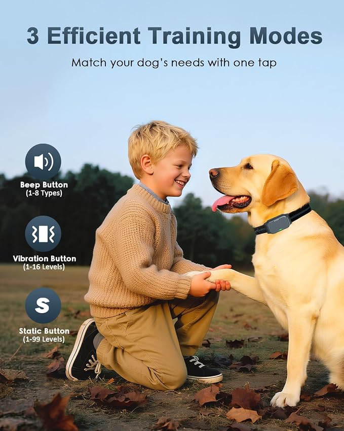 Shock Collar for Dogs, Dog Training Collar with Remote Control | IP67 Waterproof Receiver, Beep, Vibration, Safe Static Modes, Rechargeable，Adjustable Fit for 15–110 lb Dogs