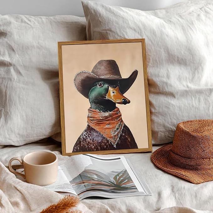 Framed Vintage Western Duck Wall Art, Cowboy Mallard Duck Pictures Wall Decor, Whimsical Farmhouse Animal Paintings Canvas Prints Rustic Home Decor for Living Room Bedroom Bathroom 12x16 inch