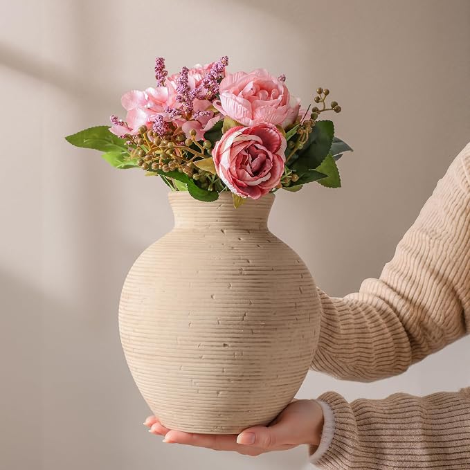 Ceramic Flower Vase Home Decor, 7.4 in Farmhouse Table Vases Retro Vintage Living Room Kitchen Bedroom Decoration Pottery Decorative Vases for Flowers House Shelf Office Desk Dining Entryway, Rustic