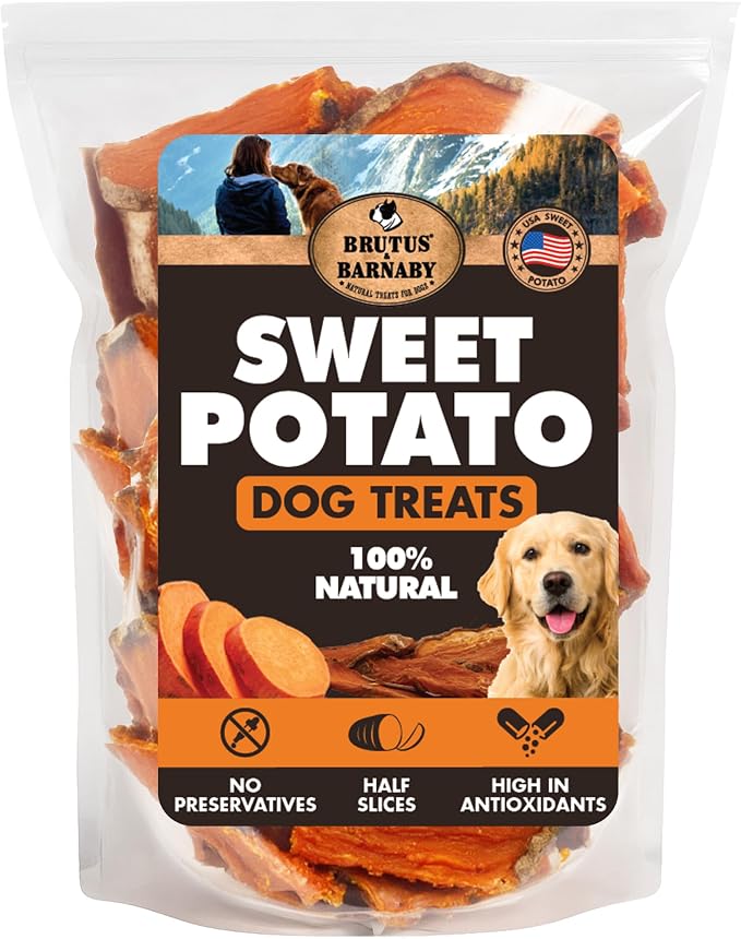 BRUTUS & BARNABY Dried Sweet Potato Dog Treats & Chews, Half Slices, 2 lb | Single ingredient, healthy, hypoallergenic; gentle on sensitive stomachs. Made in USA, bite size for small breeds