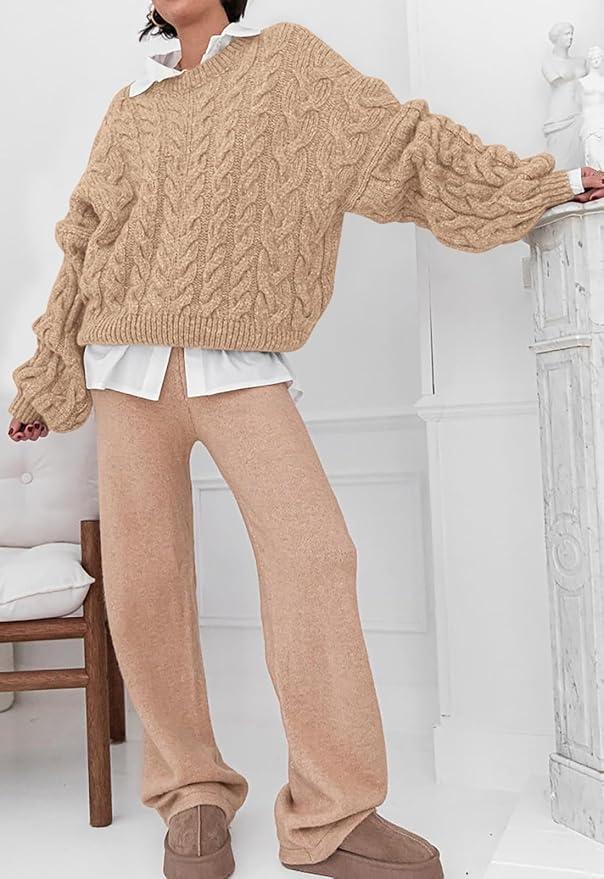 PRETTYGARDEN Womens Sweaters Spring 2026 Cable Knit Long Sleeve Crewneck Oversized Sweater Chunky Pullover Loose Outfits