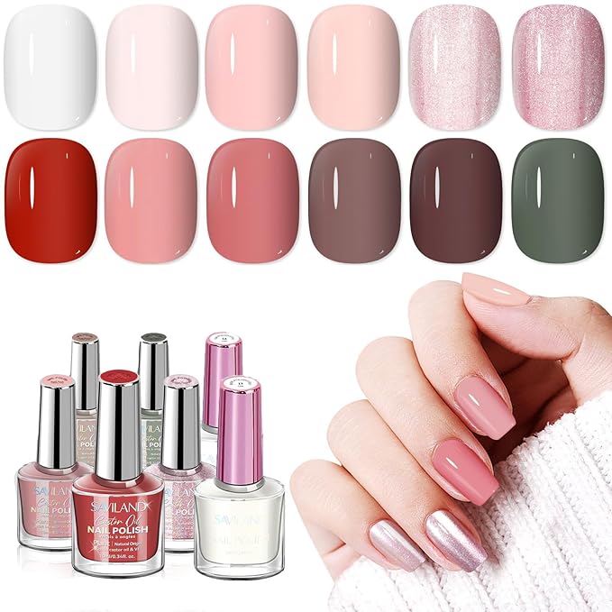 SAVILAND Pink Nail Polish Set: Burgundy Dark Red White Pearl Quick Dry Nail Polish Regular Kit with Castor Oil Base and Top Coat Nail Lacquer Set DIY Art at Home Gift 12 Colors 14 Pcs