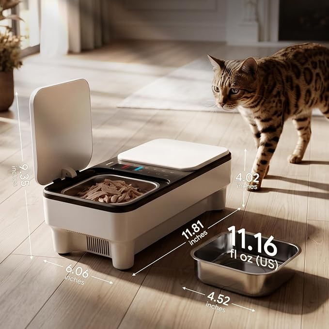 Cat Wet Food Automatic Feeder with Semiconductor Cooling & Pre-Heating, Programmable Timed Wet Food Dispenser for Cats, Stainless Steel Tray, Quiet, for 1-2 Cats Daily Use & Short Trips