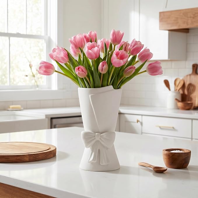 Relexome White Ceramic Bow Vase Unique Cute Decorative Bouquet Flower Vases 9.64 in Summer Home Decor Vase