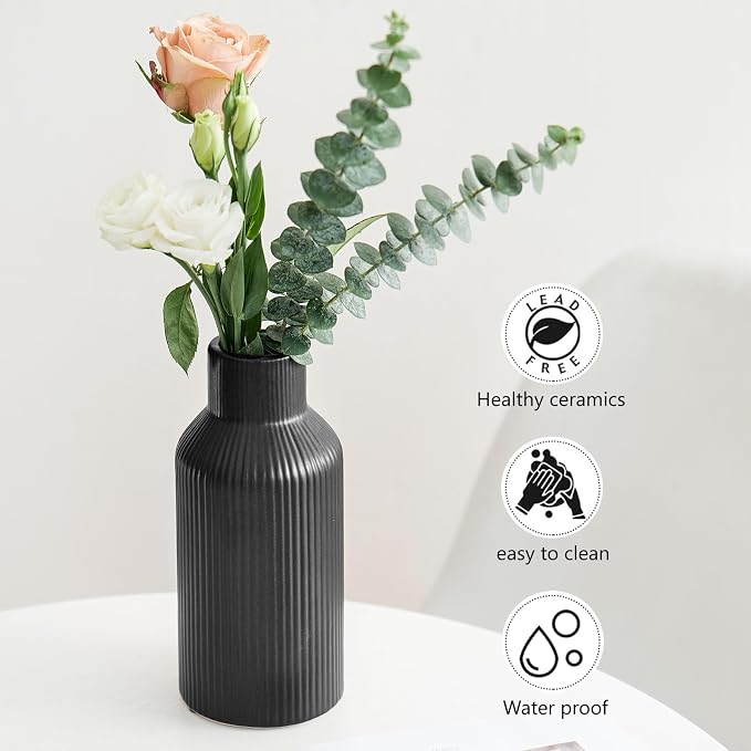 Bohemian Black Ceramic Vase - for Pampas Grass, Mantel, Bookshelf, Entryway and Living Room Decor (Black, 8in)