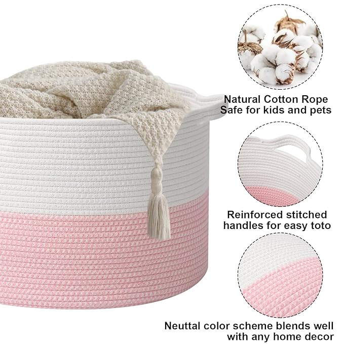90L Extra Large Pink Woven Cotton Rope Basket with Handles | Kids Nursery Laundry Basket Hamper for Toys, Blankets, Pillows & Comforters, Cute Storage Bin for Bedroom & Playroom