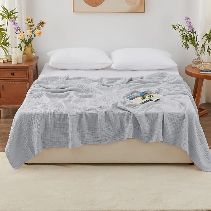 Love's cabin 100% Cotton Muslin Blanket, 6 Layer Lightweight Breathable Gauze King Size Blanket 108 x 90 Inches, Soft Summer Blanket for Bed, Light Grey