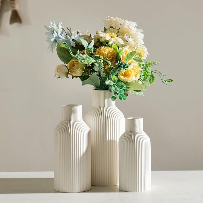 Bohemian White Ceramic Vase - for Pampas Grass, Mantel, Bookshelf, Entryway and Living Room Decor (White, Set of 3)