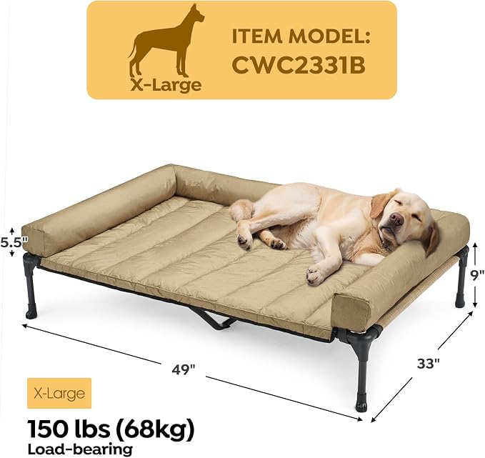 Veehoo Outdoor Elevated Dog Bed with Waterproof Bolster Cushion, Cooling | Raised Dog Bed with Removable & Washable Mat Topper, Breathable Mesh, Dog Couch Cot for Indoor Outdoor, 49", Large, Beige