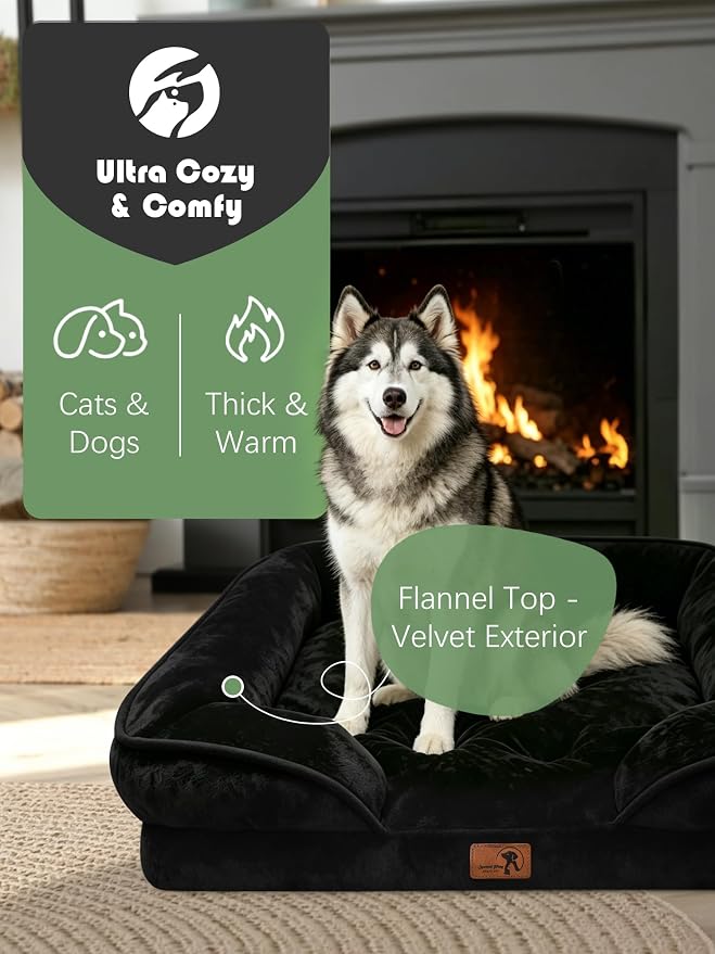 Spotted Play Orthopedic Dog Bed with Sides - Sofa Beds for Extra Large Dogs, Supportive Foam Pet Couch Bed with Washable Removable Cover, Waterproof Lining and Non-Slip Bottom, Black - XL-Plus