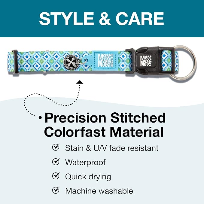 Max & Molly Urban Pets Smart ID Dog Collar - Soft Neoprene, Waterproof, Machine Washable, Power Buckle, Gotcha! QR Tag & Custom App Profile, Retro Blue S
