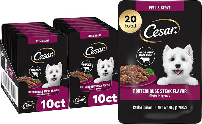 Cesar Mini-Pouch Wet Dog Food, Porterhouse Steak Flavor, 1.76 oz, 20 Count | Real beef, protein-packed, no fillers or artificial flavors, slow-cooked tender texture, serve as meal, snack, or topper