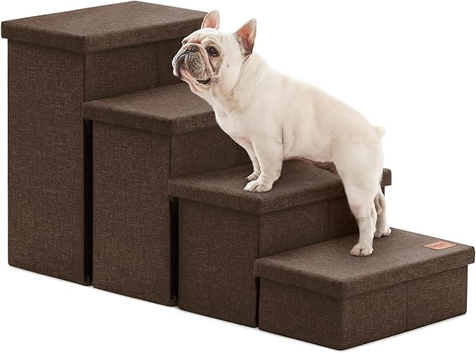 Love's cabin Dog Stairs for High Bed, Foldable Pet Stairs for Small Medium or Large Dogs Puppy with Storage for Bed or Couch, Cat Dog Steps Ramp with Zip up to 200 lbs, Coffee, 4 Steps