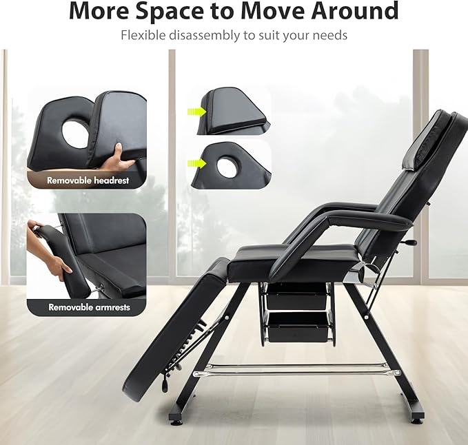 Massage Salon Tattoo Chair with Two Trays， Esthetician Bed with Hydraulic Stool,Multi-Purpose 3-Section Facial Bed Table, Adjustable Beauty Barber Spa Beauty Equipment (Black, Wide)