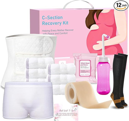 C Section Recovery Kit, Csection Postpartum Essentials | Peri Bottle,6 Disposable Mesh Underwears,Witch Hazel Pad Liners,Silicone Scar Patches, Abdominal Belly Binder,Socks,Card