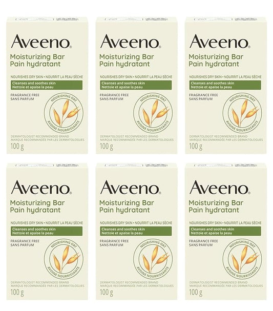 Aveeno Gentle Moisturizing Bar Facial Cleanser with Nourishing Oat for Dry Skin, Fragrance-free, Dye-Free, & Soap-Free, 3.5 oz (Pack of 6)
