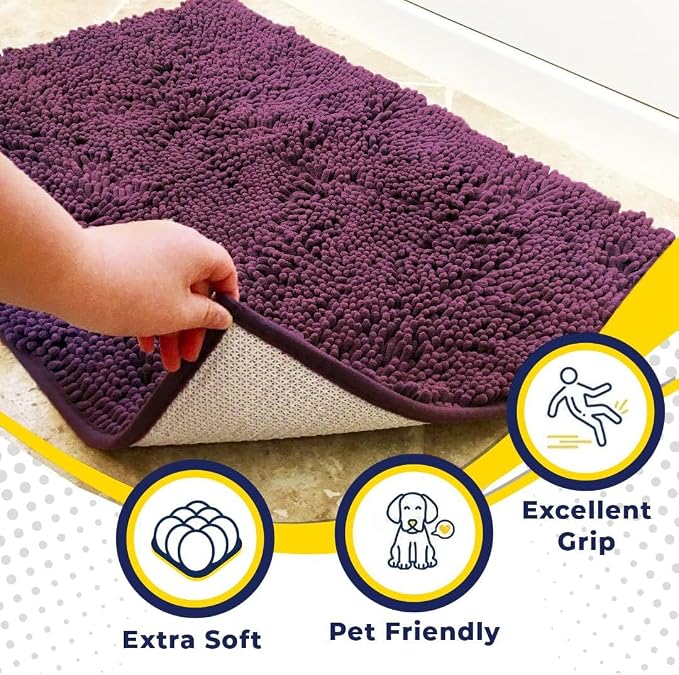 Muddy Mat® | Super Water Absorbent Door Mat Indoor, Microfiber Quick Dry Chenille Entryway Rug, Slip Resistant Front Door Mat, Indoor Mats for Entryway, Machine Washable Pet Rug, Dark Purple 48"x72"