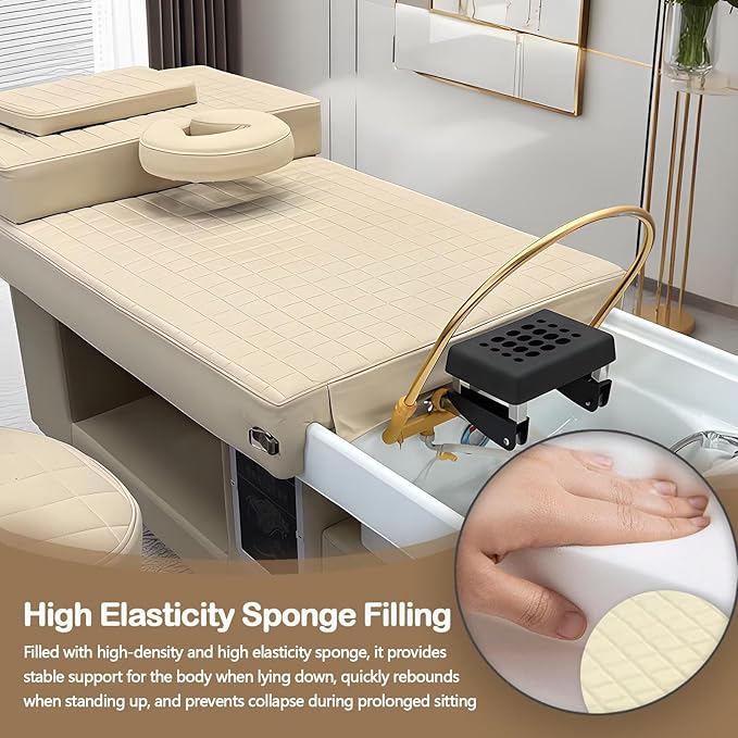 Head SPA Bed - Shampoo Bed with Beige Luxury Grid Pattern, Head SPA Equipment & Massage Table Includes Golden Waterfall Scalp Massage, Light Therapy, for Salon & Home