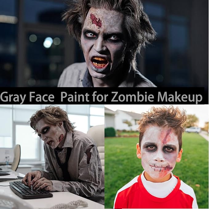 Skeleton Halloween Makeup Kit,Black White Light Gray Face Paint Kit,Water Based Light Grey Body Paint for Skull Zombie Makeup,SFX Face Painting Kit with Setting Powder for Adults & Kids