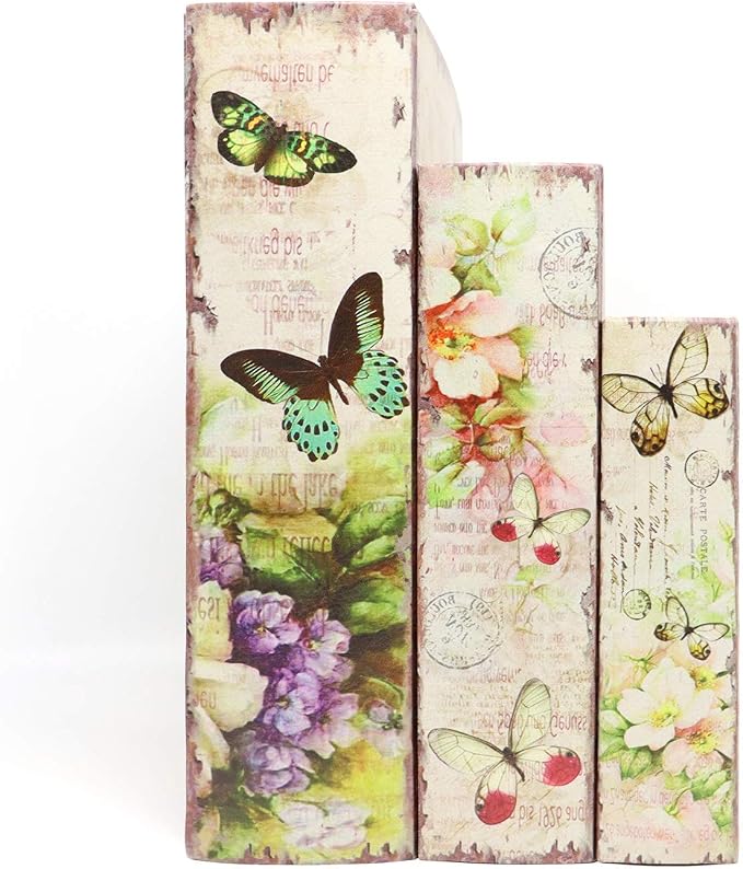 Jolitac Decorative Book Boxes World Map Pattern Antique Book Invisible box with Magnetic cover, Faux Wood Set of 3 Storage Set (Butterfly)